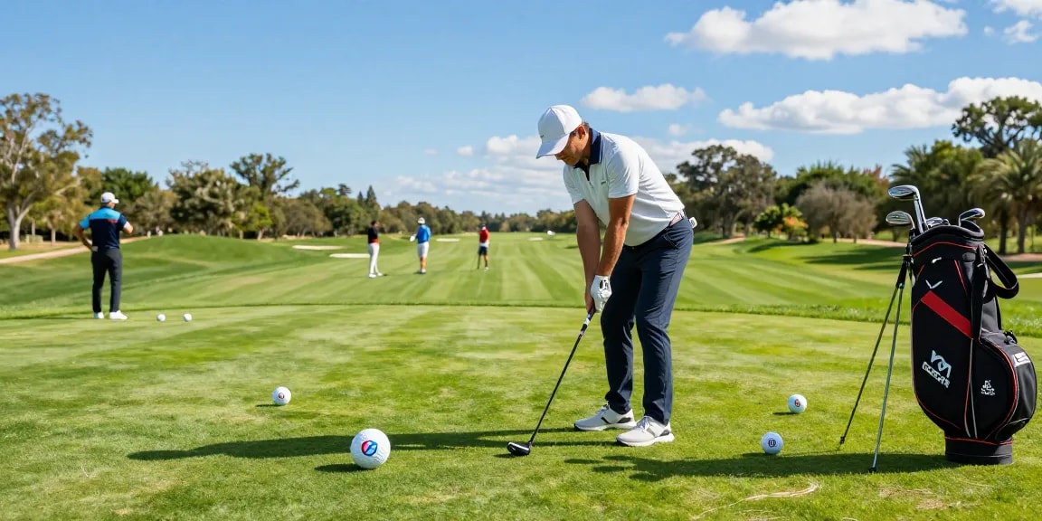 Dynamic scene of golfer driving branded golf balls on a lush course.