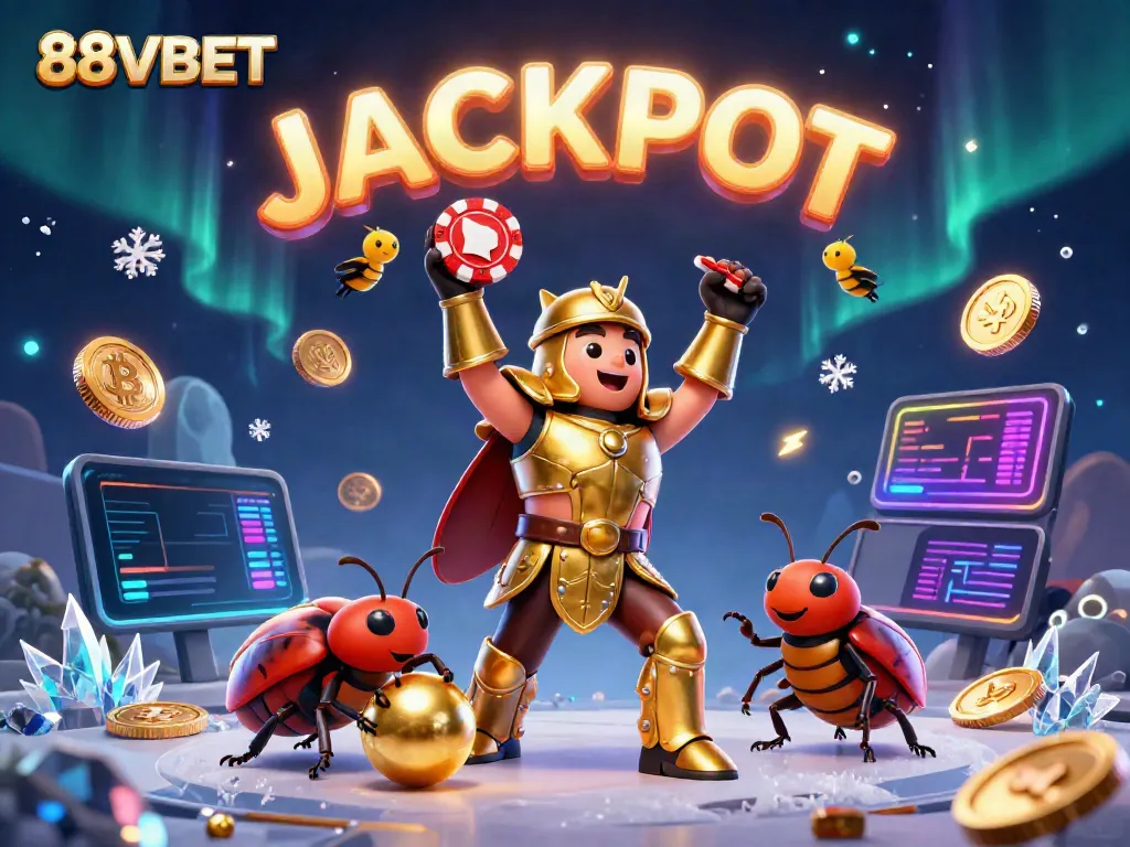 Experience thrilling wins with 88VBET as a victorious beetle raises a poker chip in a vibrant casino scene.