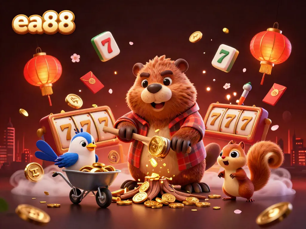 Engage with the luck of ea88 as the whimsical lumberjack beaver collects golden coins in a vibrant casino scene.
