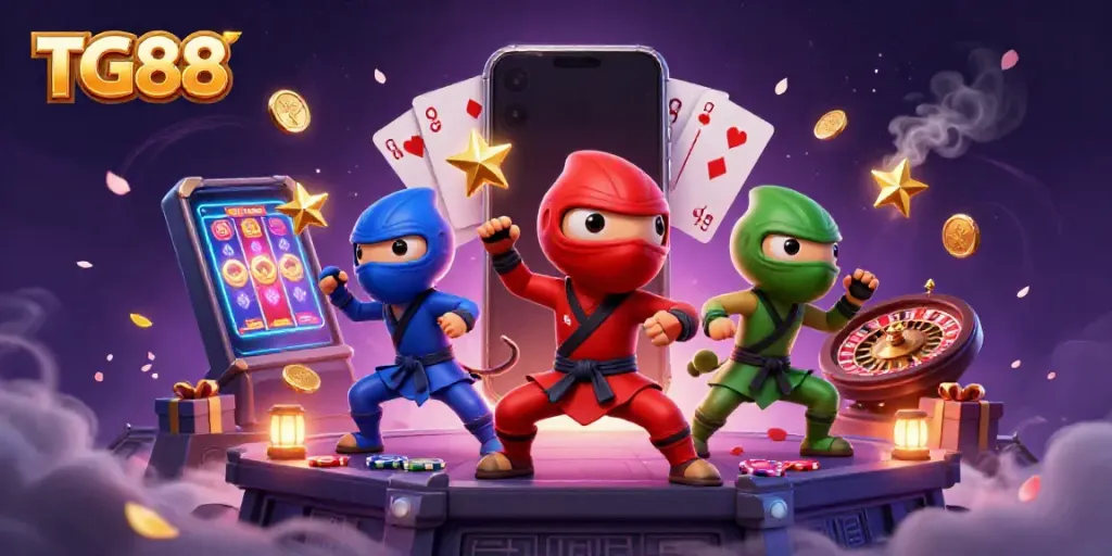 Engage with the thrilling TG88 casino scene featuring ninja chameleons in action surrounded by vibrant game elements.