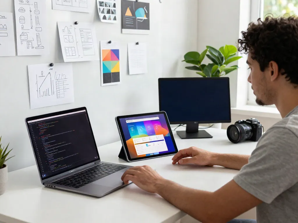 Developer using GBApps Aero app on laptop in a modern workspace.