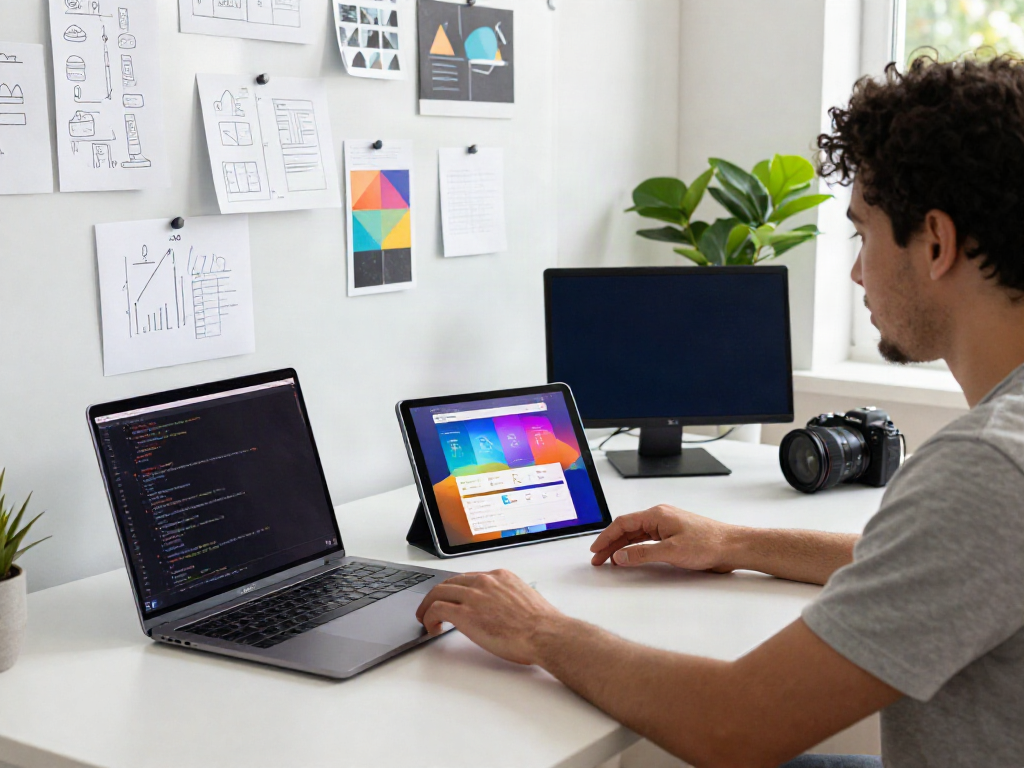 Developer using GBApps Aero app on laptop in a modern workspace.