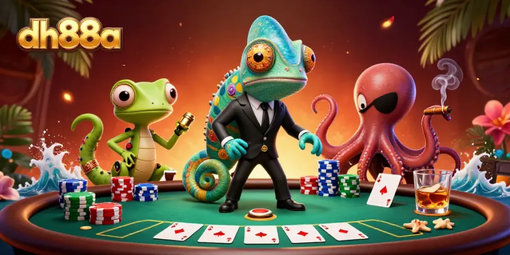 Engage in thrilling casino action at dh88a with colorful characters amidst poker excitement.