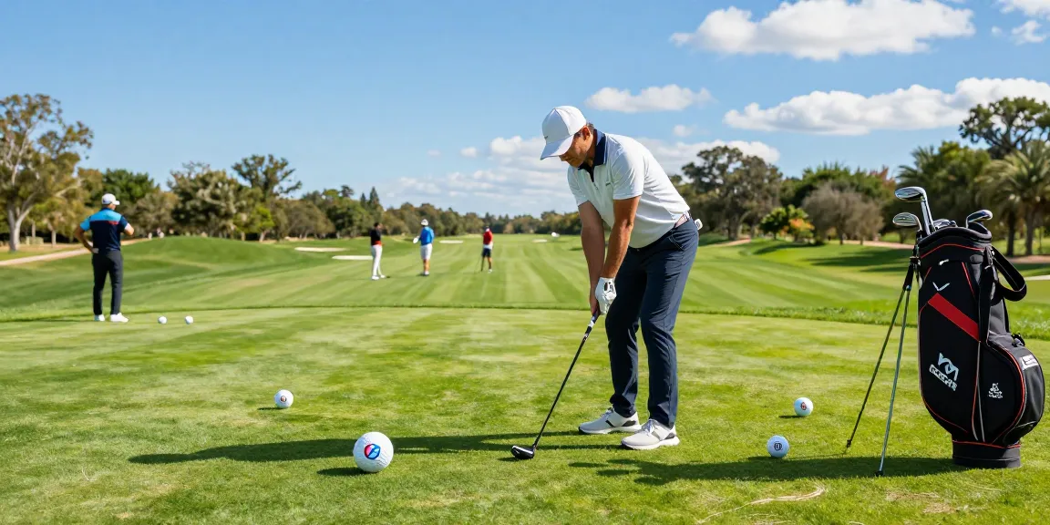 Dynamic scene of golfer driving branded golf balls on a lush course.