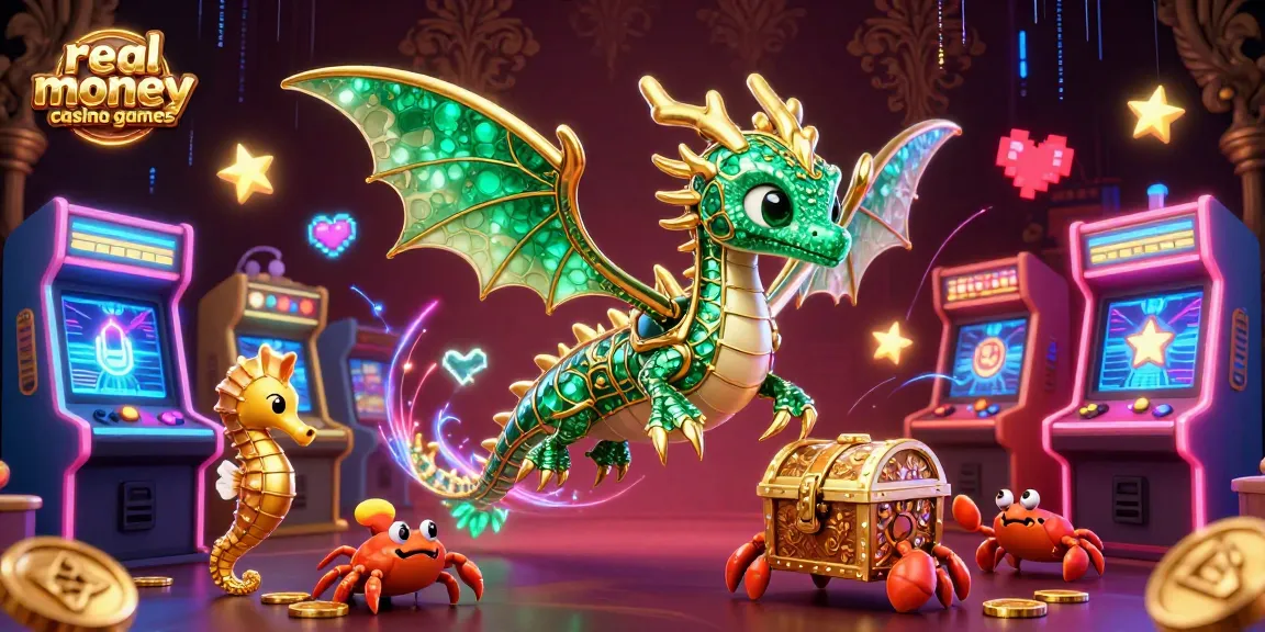 Engage in real money casino games with dazzling visuals featuring a magical sea dragon and vibrant arcade elements.