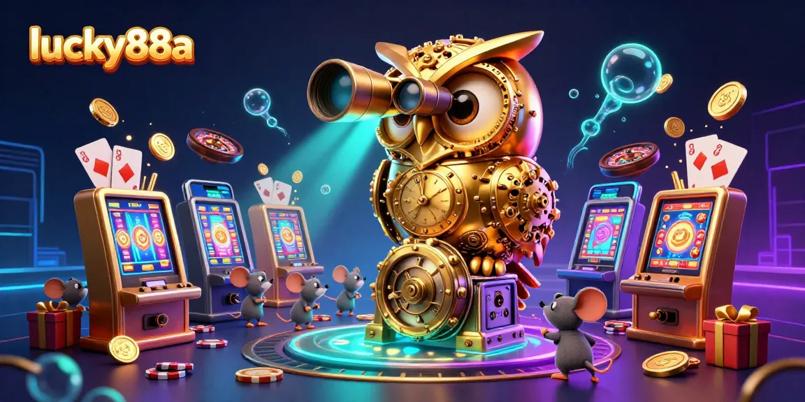 Experience excitement at lucky88a with a vibrant casino scene featuring a golden owl and playful mice among festive gaming elements.